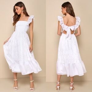 Lulus Gorgeous Memory White Eyelet Backless Ruffled Midi Dress S Wedding Party